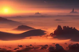 sunrise, distant city, sand, arid land, epic, sci-fi