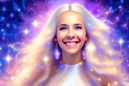 very beautiful cosmic women with white long hair, smiling, with cosmic dress and bright earings. in the background there is a bautiful sky with stars and light beam