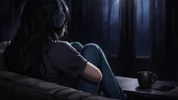 dark 3d anime style, close up in the foreground back to the camera a woman sitting on sofa with her knees pulled to her chest.. in comfortable t-shirt and jeans clothes.. her is normal body not too thin,,Her face is not visible at all. She long dark hair partially covering the side of her head. a headphones on her head and near a table with one mug and a mobilphone on table, heavy dark courtains covers window suggesting to shut out the outside world. She is facing the window,