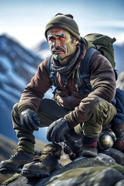 portrait of mountain climber in the Alps sitting on a hippo,shot on Hasselblad h6d-400c, zeiss prime lens, bokeh like f/0.8, tilt-shift lens 8k, high detail, smooth render, down-light, unreal engine, prize winning