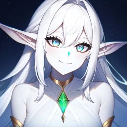 cosmic mage, elf, female, cosmic magic, long ears, white hair, face details, pale skin, jewellery, broad shoulders, sharp ears, cosmic clothes, cosmic eyes, ears shown, the cosmos in eyes, shining eyes, thin face, detailed ears, magical eyes, closed mouth, make up, smiling face, happy face, pointy ears