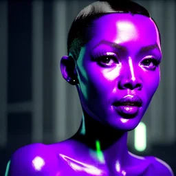 young naomi campbell, sweet silver short hair replicant woman, blade runner style, rain, fog, neon ambient, gradient color, clean skin, circuits, latex coat, cyber punk, neon, tubes, portrait, studio photo, unreal engine 5, smooth color, 16 bit, god lights, ray tracing, RTX, lumen lighting, ultra deatail, volumetric lighting, 3d, finely drawn, hd.