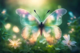 diaphanous colorful transparent light butterfly with glowing center on green leaves and flowers, ethereal, otherwordly, cinematic postprocessing, bokeh, dof