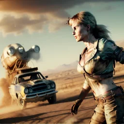 Ultra realistic mad max scene, party. Danger sweet woman, waist up view. Steampunk style, epic, yellow smoke fog, hottest, highly detailed, concept art, unreal engine 5, god rays, ray tracing, RTX, lumen lighting, ultra detail, volumetric lighting, 3d, finely drawn, high definition, high resolution.