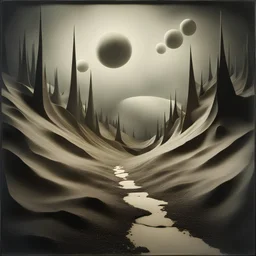 Creepy landscape, strong texture artistic polaroid volumetric light, Yves Tanguy, Gustav Klimt, 3d abstractism