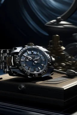 Create a visually striking scene of a Cartier Diver watch placed on a stable.cog, surrounded by elements that evoke a sense of precision and reliability, with attention to shadows and reflections."