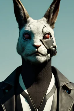 Medium Close Up Portrait, Front image. cyberpunk, rabbit mask, spanish man, white short hair. leather, suit. White, black, red, color. cyber style. Color background, photo studio. Avatar image, highly detailed, concept art, smooth, unreal engine 5, god rays, ray tracing, RTX, lumen lighting, ultra detail, volumetric lighting, 3d, finely drawn, high definition, high resolution.