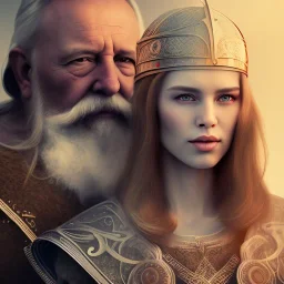 Viking theme, a younger woman sitting next to a 50-year-old man, portrait, 8K, close-up face, anatomically perfect face, Highly detailed stunning full frame portrait, misty and cloudy atmosphere