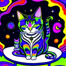 a black and white cat sitting on top of a table, cat in space, cosmic cataclysm, space cat, by Louis Wain, cosmic and colorful, amazing colorful background, a painting of a cat, petros afshar speedart, psychedelic art style, inspired by Louis Wain, kittens in outer space, painting of a cat, solid color background intricate