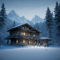 Five people hunting in a snowy forest, sense of fear, mountain hut in the background, Alps, night, 8k, HD, cinematography, photorealistic, Cinematic, Color Grading, Ultra-Wide Angle, Depth of Field, hyper-detailed, beautifully color-coded, insane details, intricate details, beautifully color graded, Cinematic, Color Grading, Editorial Photography, Depth of Field, DOF, Tilt Blur, White Balance, 32k, Super-Resolution, Megapixel, ProPhoto RGB, VR, Halfrear Lighting, Backlight, Natural Lighting