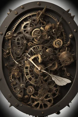 steampunk clock surrounded by cogs and springs, metal insects with wings, black background