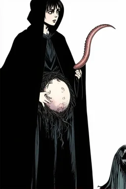 7 year old boy, necromancer, friendly, looks dead,with a long lamprey emerging from his belly , wearing black robes, with the lower body of a ghost in the style of Harry Clarke