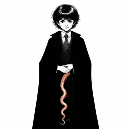 7 year old boy, necromancer, friendly, with a long lamprey emerging from his belly , wearing black robes, in the style of Harry Clarke