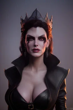 Amy Dumas as evil queen in black leather, leather, busty, cleavage, angry, rage, stern look. character design by cory loftis, fenghua zhong, ryohei hase, ismail inceoglu and ruan jia. unreal engine 5, artistic lighting, highly detailed, photorealistic, fantasy