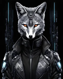 Fox cyberpunk retrato, аrte lineal, fondo negro, cuerpo completo retrato