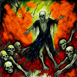 Title "SLAYER" heavy metal cover art, watercolor and ink illustrated, depiction of lyrics (Dance with the dead in my dreams Listen to their hallowed screams), by Arturo Souto, unsettling, surreal, sinister, profound, dramatic, macabre