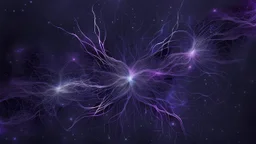 A minimalist abstract 2d digital art graphic and ink montage,. Deep dark purple background with pale neural network and galaxy background, human nervous system with fade little lights , white-dark blue-pale gray and black colors, Clean composition with strange surreal vibe, Photorealistic with emotional, abstractions, neurodivergens soul and mind, cinematic, glitch, human dark shilouette