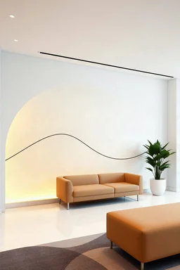 create a realistic mockup of two walls of a waiting area of corporate office with the design of A minimalist office feature wall with a large, softly curved MDF arch, backlit with a golden hue. Inside the arch, a single continuous line mural flows gracefully, creating a contrast between the structured form and abstract design in a modern corporate waiting area."