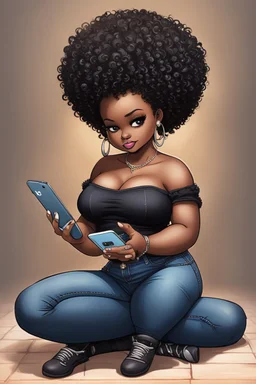 Create a furturism magna art of a black chibi curvy female sitting on the floor looking at her cell phone. She is wearing tight blue jeans and a black off the shoulder blouse. Prominent make up with lush lashes. Highly detailed tight curly afro. She is also wearing silver large hoop earringsart of a black chibi curvy female sitting on the floor looking at her cell phone. She is wearing tight blue jeans and a black off the shoulder blouse. Prominent make up with lush lashes.