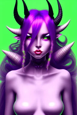 cute purple haired devil girl with bright green eyes and black horns on her head wearing a purple/pink dress