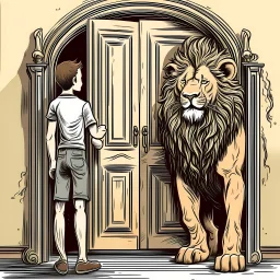 A young man enters a door and from the other side comes a lion