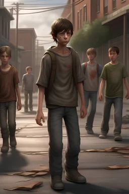 Ein fotorealistisches Bild von einem traurigen armen pubertierenden Jungen mit ungepflegter Erscheinung. Er läuft einen Weg lang und wird von Jugendlichen geschubst