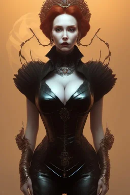 Christina Hendricks as evil queen in black leather, cleavage, angry, stern look. character design by cory loftis, fenghua zhong, ryohei hase, ismail inceoglu and ruan jia. unreal engine 5, artistic lighting, highly detailed, photorealistic, fantasy