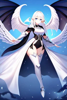 angel, demon, angel demon hybrid, half angel, half demon, black angel wings, white demon wings, black and white, balance, horns, armor, noble clothes, black and white armor, black and white clothes