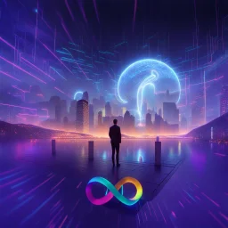 3D infinity symbol ∞, infinity figure-of-eight symbol is totally-symmetrical and brightly coloured, man silhouette facing epic scene of building, glowing earth, water, network and lights, exotic, inspiring, fantasy, neon, friendly, beautiful, octane render, 8k post-production, artstation: award-winning: atmospheric: commanding: fantastical: clarity: 16k: ultra quality: striking: brilliance: liquid medium: stunning colors: amazing depth; lens: f/8, 28mm