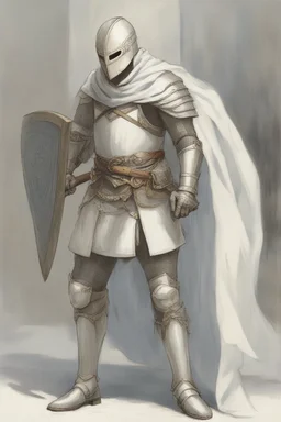 Knight wearing white half armor and white cape with white mask, holding a spear