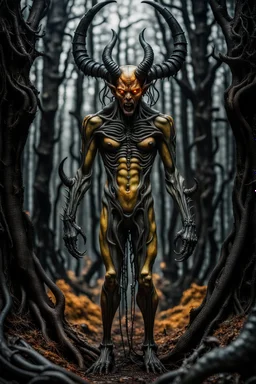 The Devil full body, full shot,forest,Sony Alpha 7 50mm 1.8,medium shot, high-resolution image with fine details, citrine, ultra detailed,ultra realistic,extremely realistic,intricate,photorealistic,epic composition,masterpiece,H.R.Giger style
