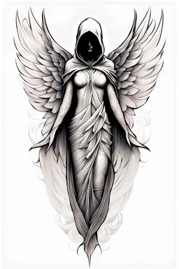 minimalist tattoo. Enhanced shading, Bold and dynamic, design on a white background, "The image shows a drawing of a figure with large, detailed wings that are spread out into a mountain. The figure wears a drapery that wraps around her body. The character's head is not visible; she is hooded, giving an anonymous or mystical appearance. The wings are detailed and feathered, extending upwards and outwards from the figure's back. The drawing is monochromatic, using shades of black and white to cre