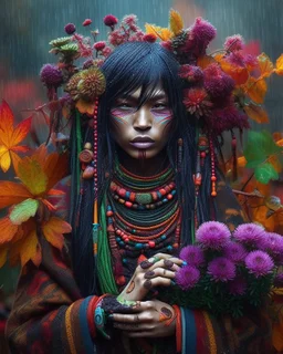 Vibrant autumn foliage in a rain-kissed setting, Ikebana arrangement, Haiku poetry inspiration, Japanese garden elements, autumn asters, Utagawa Hiroshige essence, Isaac Levitan influence, woman with dark skin, tribal markings, mysterious expression, piercing eyes, flowing black hair, colorful beads, layered textiles, bright hues, ornate jewelry, cultural richness, dark, blurred backdrop, GoBi, Наталья И-ва.Mystical character with pale blue scaly skin, icy green eyes, dark eyeliner, cascading da