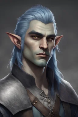 The son of an half-orc and a half-elf in D&D universe. That character looks around 22 years old. He is a bard. He has a scar across the throat. His skin is of a blue-grey and his hair are dark with a white strand of hair.