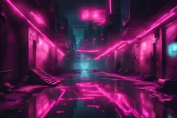 cyberpunk style dim dark pink lights dark sky city alley water puddle
