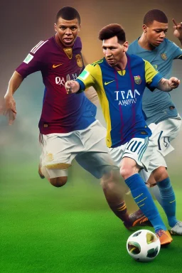 Lionel Messi chasing Mbappe holding worldcup , 8k resolution, realistic, intricate, 8k resolution, high-quality, fine-detail, digital art, detailed matte, volumetric lighting, dynamic lighting, photorealistic