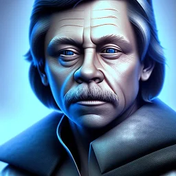 upper body photorealistic jedi mark hamill in Star Wars, sharp blue eyes, photorealistic weathered skin, short hair, dark brown jedi robe, cinematic lighting,