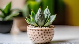 cute mini Haworthia cymbiformis plant in a pot, light pastel background, depth of field f2.8 3.5, 50mm lens