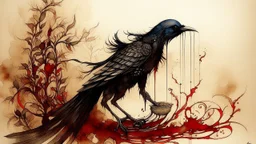 Una figura exhala un hilo de sombra mientras un pájaro del paraíso Reggiana despliega un abanico que se funde con el fondo, como si las plumas fueran tinta derramada, en tinta y acuarela oscura.