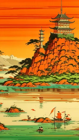 An orange colored marshland near an iron fortress painted by Utagawa Hiroshige