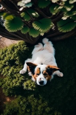 Un perro durmiendo abajo de un arbol boca arriba. Plano desde arriba. Corregir que el perro esté durmiendo boca arriba y la fotografía tomada desde arriba. Corregir que el perro esté con la panza mirando para el cielo