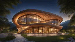 inspiring interwoven wooden ultra-modern building based on parabola shapes, sine curves and helix shapes, featuring large windows, rural location, night, moonlight, fireflies, distant mountains, lake, astonishing architecture, beautiful, wow, extremely detailed, photographic quality, beautiful composition, Ultra Realism, Complex intricate Details, 16k, HDR, High Quality, Sharp Focus, Studio Photo, attractive, innovative