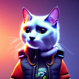 Scottish cat toddler, smile, cyberpunk headphone, sunglass, gangsta neckless, full body, orange puffer jacket, tokio background, dramatic lighting, hyper realistic, unreal engine 5, 16k