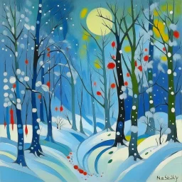 A light blue winter forest with falling snowflakes painted by Wassily Kandinsky