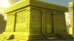 A pale greenish yellow sun temple designed in ancient Egyptian hieroglyphics