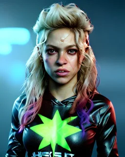 portrait, Shakira, blonde artist, angry, Realistic image, MMA robe, hoodie, mma gloves, fight pose, make-up make-up, gold line make-up, sweat, fog, goddess style, Neon colors, leds. Black background, photo studio, concept art, smooth, unreal engine 5, god lights, ray tracing, RTX, lumen lighting, ultra detail, volumetric lighting, 3d, finely drawn, high definition, 4k.