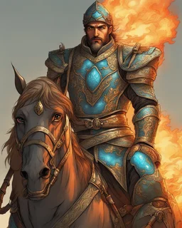 An iranian commander with flaming eyes with flaming light blue pupils with stubble An armor made of a mixture of steel and leather, worn by a strong commander with magical power stands atop a squire