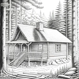 Detailed pencil drawing of a cabin in the woods, clean, nice.
