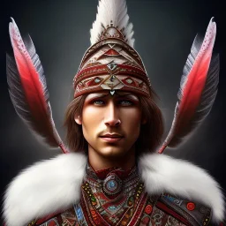 tribal shaman warrior, three red feathers headband, holding spear