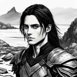 A portrait of Jared Leto in his early 30s, long beachy haircut, black hair, on a rocky island, in ebony armor from Skyrim, melancholic and dangerous facial expression, half-smiling, drawn in the style of ink manga sketch, black and white